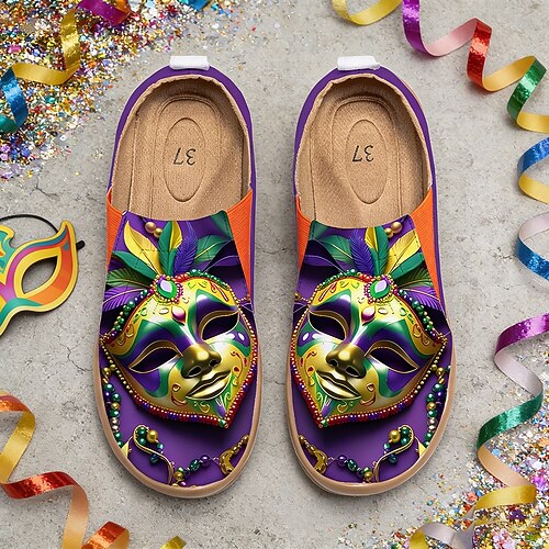 Damen Mardi Gras Maskerade-Maske Druck Slip-On Freizeit-Leinenschuhe - Leichte Komfort festliche breite Passform Fußbekleidung für Karneval Paraden Straßenfeiern Themenpartys tägliche Sommerausflüge Image