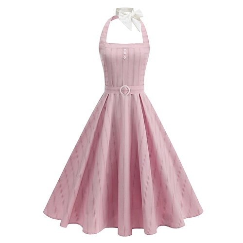 Rockabilly Midlänge A-Linien-Kleid Ärmellos Gestreift Tailliert und ausgestellt Kostüm Damen Karneval Valentinstag Lässig Heimkehr Retro-Mottoparty Erwachsene Kleid Sommer Frühling Image
