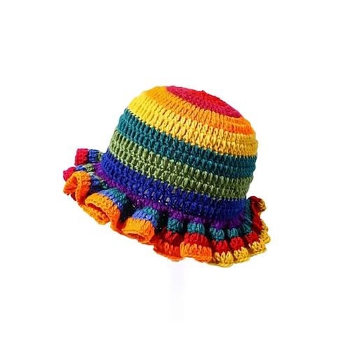 Frauen Häkeln Rüsch Bucket Mardi Gras Hut – Mehrfarbiger Regenbogen Strick Festival Hut für Karneval Kostümpartys und Boho-Chic Stil Image