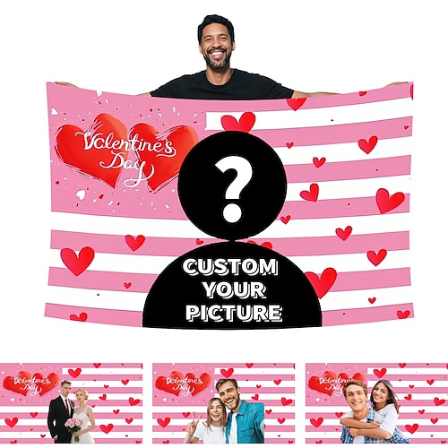 Individuell gestaltete rosafarbene US-Flagge zum Valentinstag (90 x 150 cm), personalisierbar mit lustigen Motiven, Bild, Logo, Foto und Text. Ein- oder doppelseitig bedruckt. Ideal als Wandteppich Image