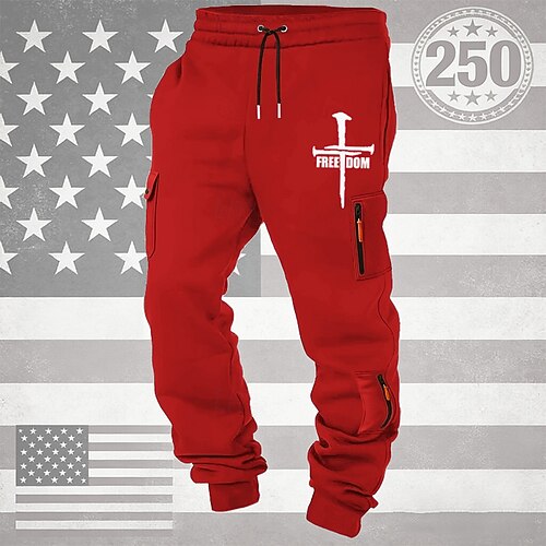 Herren Cargo-Jogginghose Jogginghose Hose Kordelzug Tasche Elastischer Bund Kreuz Komfort Atmungsaktiv Täglich Outdoor Amerikas 250. Jahrestag Urlaub Mode Schwarz Weiß Mikroelastisch Image