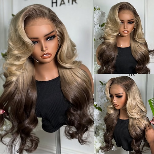 Remy Echthaar 5x5 Verschluss 13x4 Spitzenfront Perücke Freier Scheitel Brasilianisches Haar Gewellt Blond Braun Perücke 150% 180% Haardichte mit Babyhaaren Ombre-Haar 100% Unbehandelt Kleberfrei Image