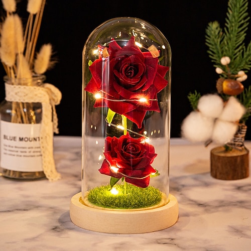 Muttertags-Simulationsrose LED dekoratives Nachtlicht 21,5 11,5 CM Geschenk für Freundin Ehefrau und Mutter AAA-Batterie Innenraum Schlafzimmer Atmosphärenornament-Licht durchsichtiger Deckel Image