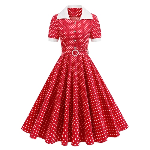 Rockabilly Midlänge A-Linien-Kleid Kurze Ärmel Tupfen Tailliert und ausgestellt Kostüm Damen Karneval Valentinstag Lässig Heimkehr Retro-Mottoparty Erwachsene Kleid Frühling Image