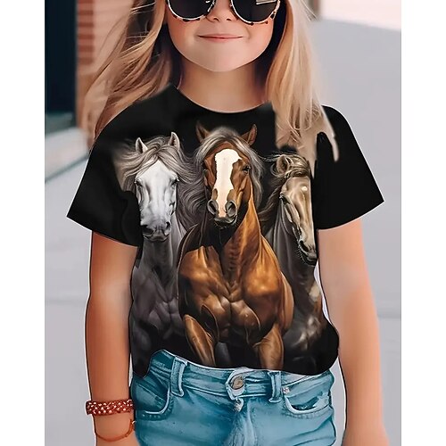 Mädchen 3D Grafik Pferd T-Shirt Kurzarm Sommer Frühling Mode Basic Kinder 4-12 Jahre Rundhalsausschnitt Lässig Täglich Outdoor Normale Passform Image
