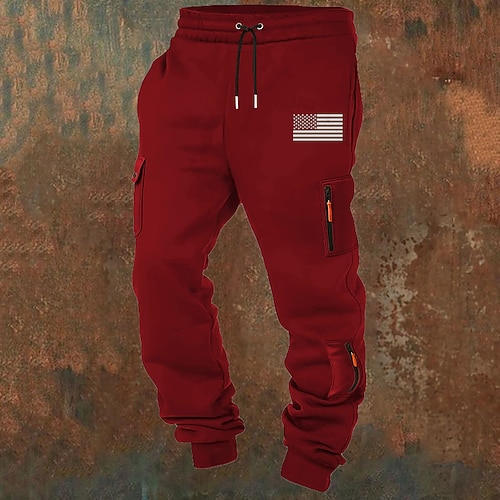Herren Cargo-Hosen Jogginghose Hose Kordelzug Tasche Elastischer Bund Amerikanische US-Flagge Komfort Atmungsaktiv Lässig Täglich Outdoor Mode Klassicher Stil Weiß Gelb Mikroelastisch Image