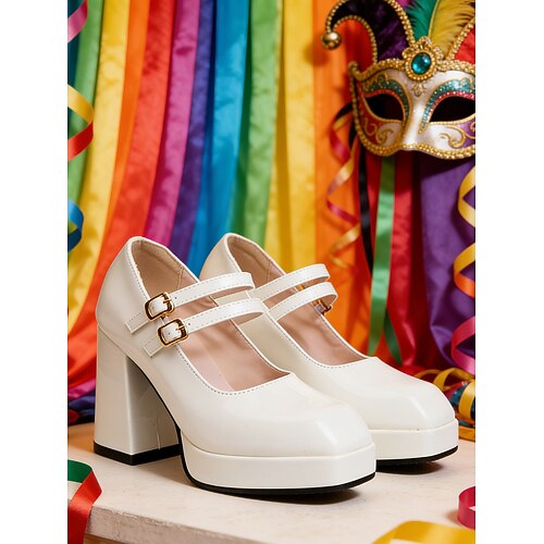 Damen Mardi Gras Rote Lackkunstleder Plateau Heels mit Doppelschnallen Mary Jane Schuhe – Perfekt für Karnevals Umzüge und Festivalfeiern Image