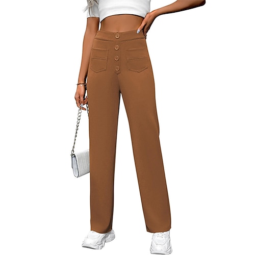 Damen Chinos Gerade Streetwear Lässig Volle Länge Mittlere Taillenlinie Einfach Tasche Elastischer Bund Komfort Bequem Unelastisch Täglich Outdoor Urlaub Dunkelbraun Beige Kamel Schwarz Frühling Image