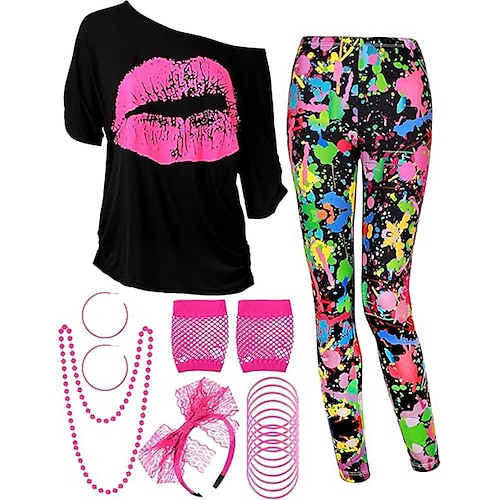Disko 1980er Outfits T-Shirt Leggings mit Zubehör Retro Kostüm Damen Karnevalskostüm Maskerade Party Abend Pride Parade Pride-Monat Erwachsene Weitere Accessoires Leggins T-shirt Image