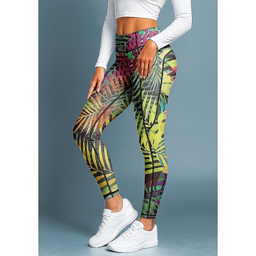 Damen Pilates-Leggings Fitnesshose Trainingsleggings Taschen Stempelsteuer Seitentaschen Pilates Fitnessstudio Fitnesstraining Hosen Strumpfhosen Leggings Blumendruck Waldgrün Regenbogen Rot Kombo Image