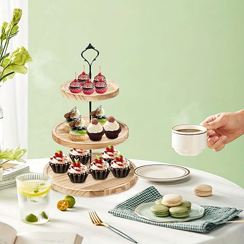 3-stöckige, mehrlagige Tortenplatte aus Massivholz Desserttablett aus Schmiedeeisen mit hohem Bein Obstplatte, runder Ständer für Süßigkeiten, Tischdekoration aus Akazienholz Image