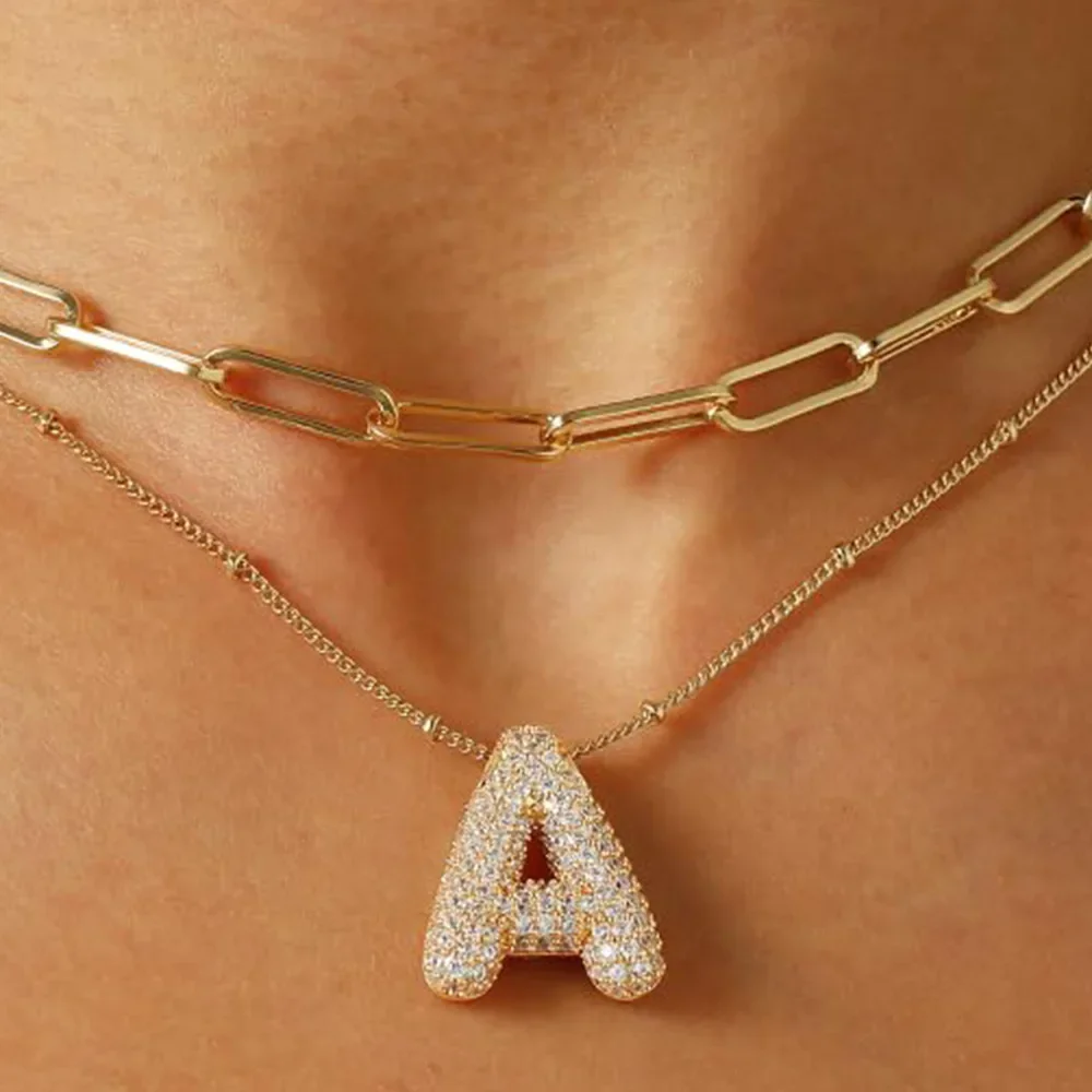 Klobige doppellagige A-Z 26-Buchstaben-Anhänger-Halsketten für Frauen, Charm-Alphabet, kubischer Zirkon, stapelbare Halskette, Hip-Hop-Schmuck