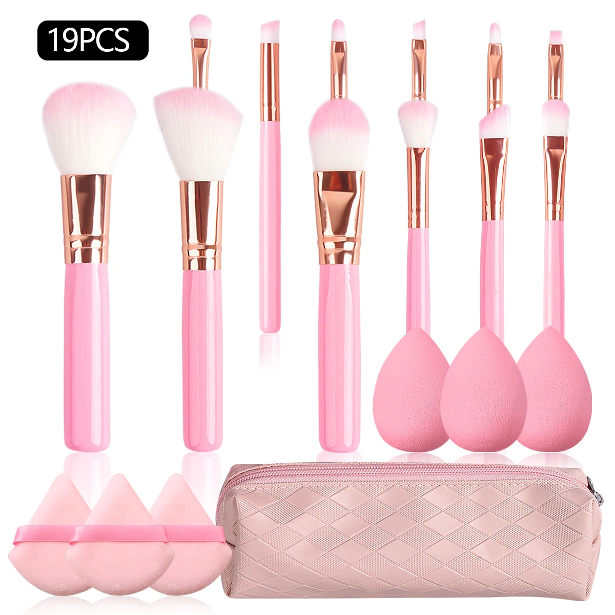 19 stücke Set von 12 Anfänger Make-up Pinsel + 3 stücke Nicht-Puder Make-up Eier + 3 stücke dreieckigen Puder quaste + 1 stücke Aufbewahrung tasche Image