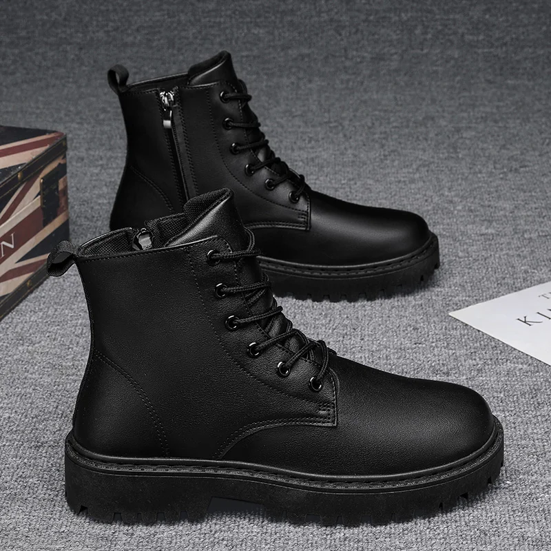 Stivali casual in pelle da uomo neri Moda inverno Stivali da lavoro da uomo Scarpe da uomo Stivaletti alti firmati antiscivolo Scarpe da moto