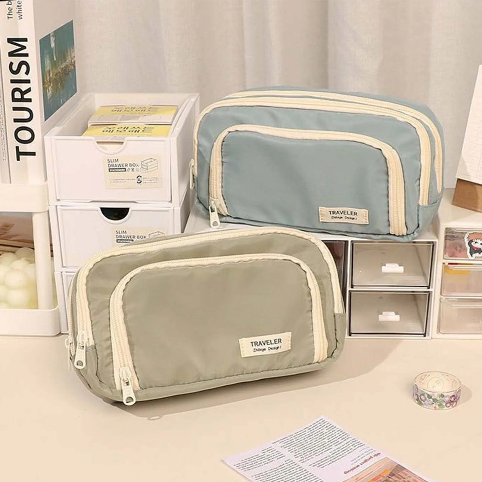 Tragbares dreilagiges Federmäppchen mit Reißverschluss, Aufbewahrungstaschen für Schreibwaren mit Reißverschluss für Schüler, Teenager, Mädchen, Jungen Image