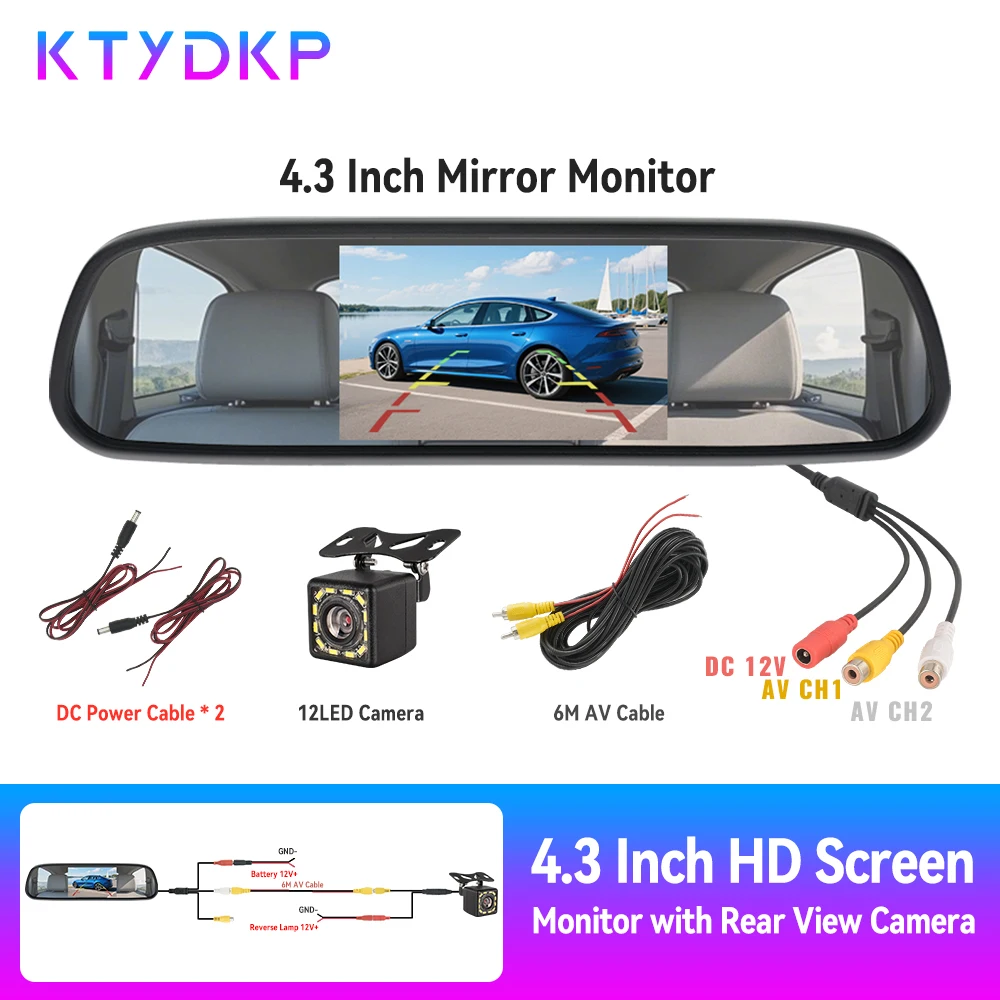 KTYDKP Autospiegel-Monitor mit Rückfahrkamera für Fahrzeugparken, Rückspiegelkamera, 4,3-Zoll-Bildschirm, HD-Rückfahrkamera Image