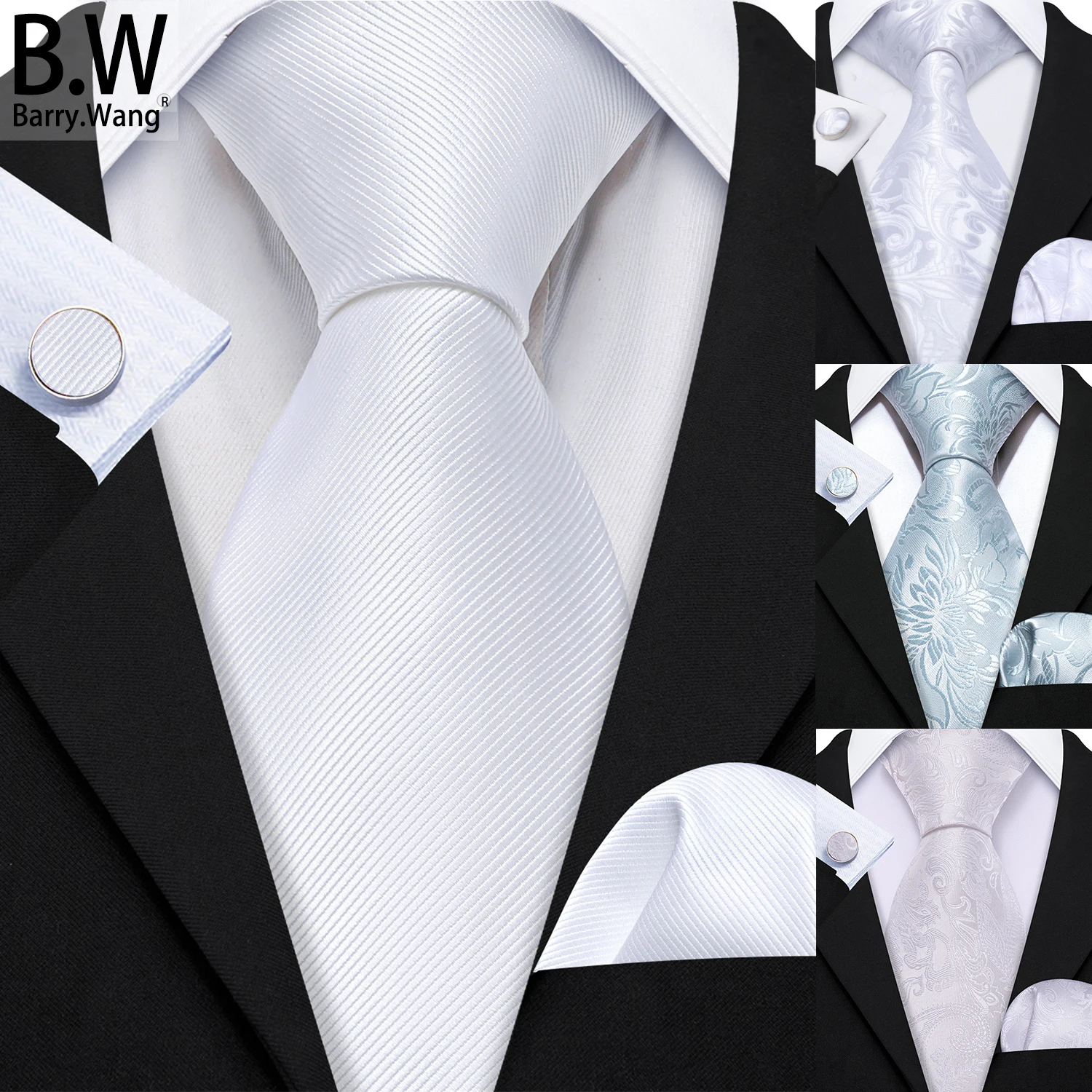 Silber weiße Seide Männer Krawatte Taschentuch Manschetten knöpfe Set Jacquard solide Paisley Blumen Krawatte für männliche Hochzeit Business Barry. wang Image