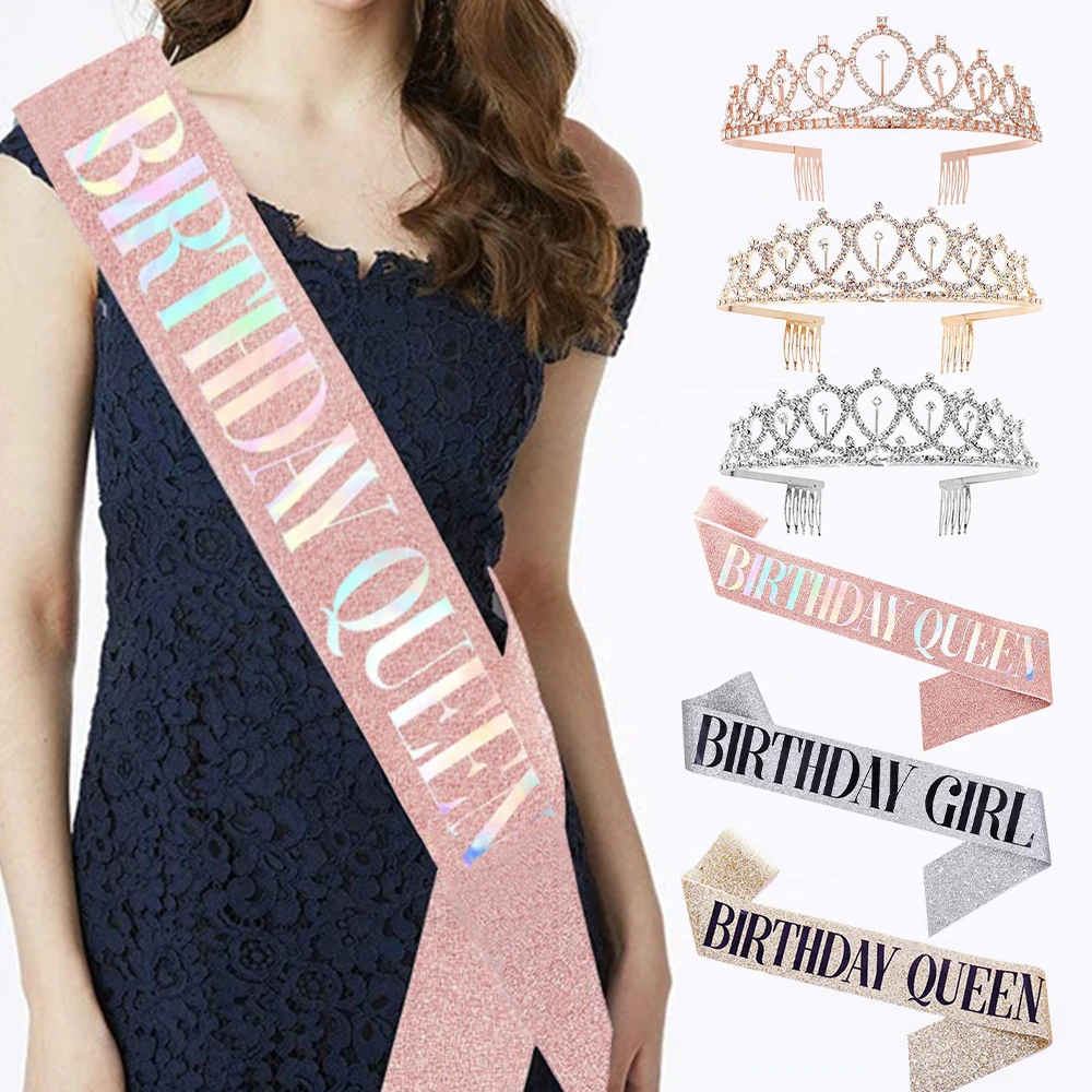 1 Set Roségold Geburtstagskönigin Krone Dekorationen Geburtstagsfeier Mädchen glitzernde Strass Krone Tiara Party Satin Schärpe Geschenk Image