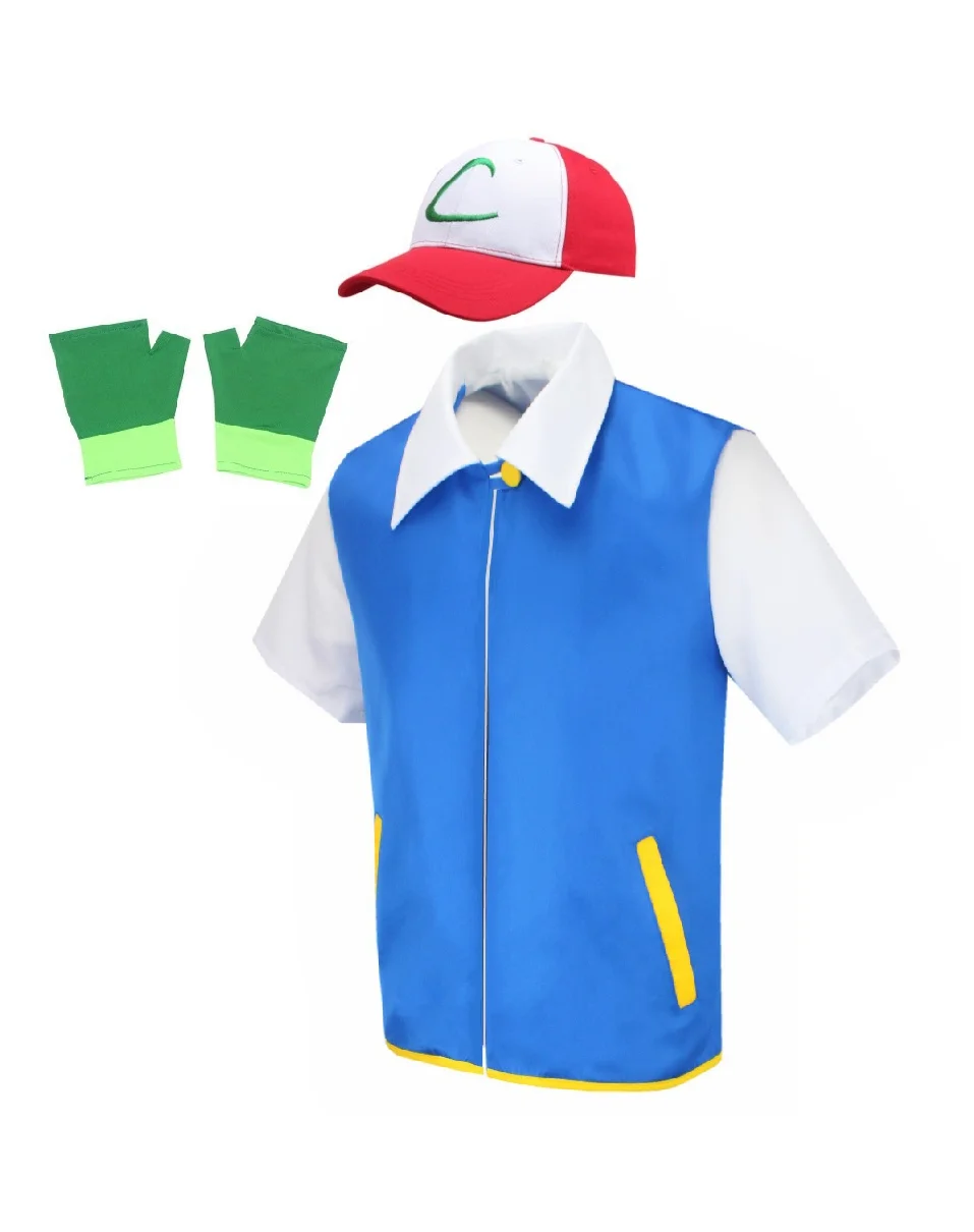 Cosplay Anime Ash Ketchum Kleidung Herren blaue Jacke Kleidung Jungen und Mädchen Cosplay Karneval Party Trainer Hut Handschuh Set Image