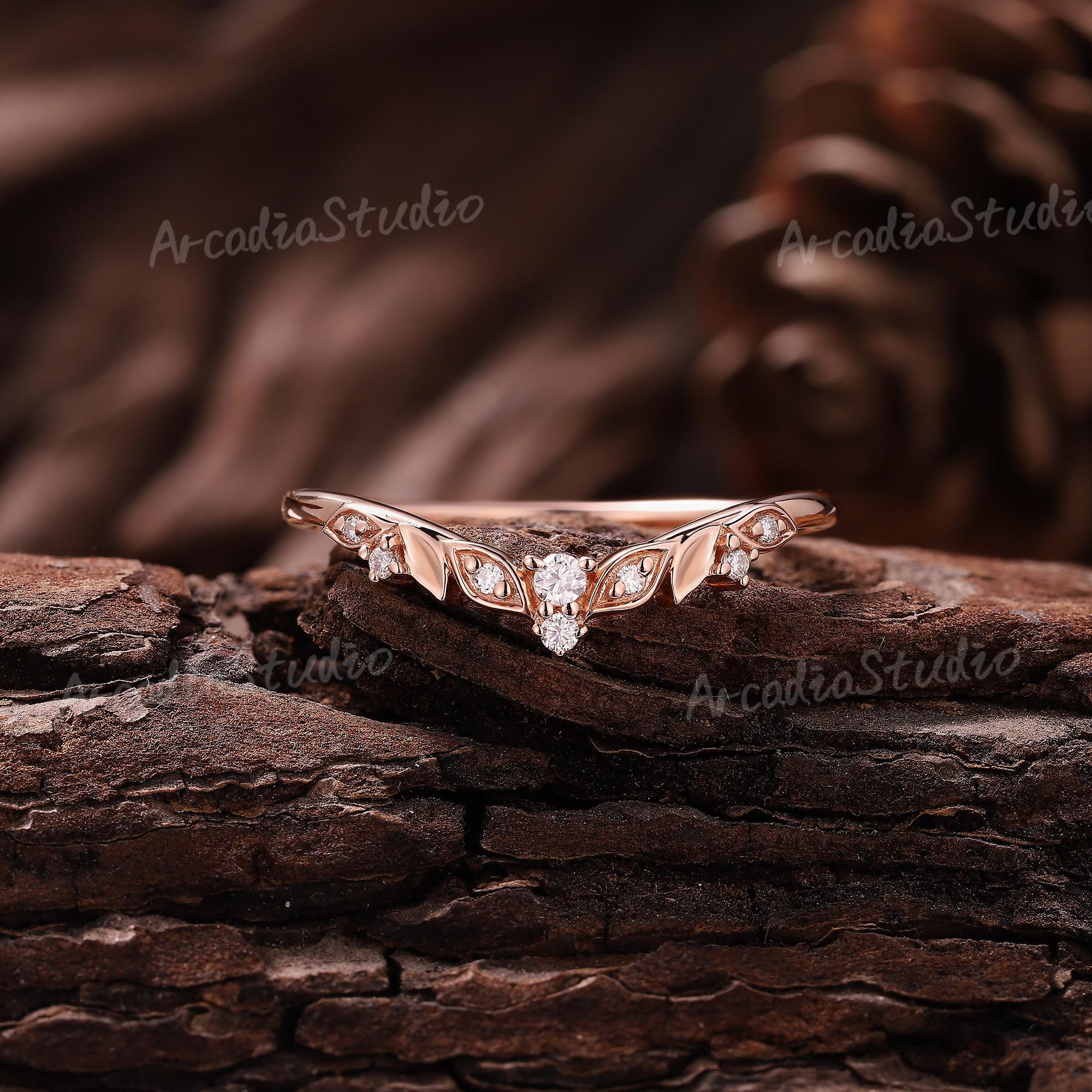 Anelli di nozze unici con moissanite, anelli in oro rosa, anelli di nozze con diamanti a grappolo, anelli di nozze con foglia, anelli abbinati, anelli