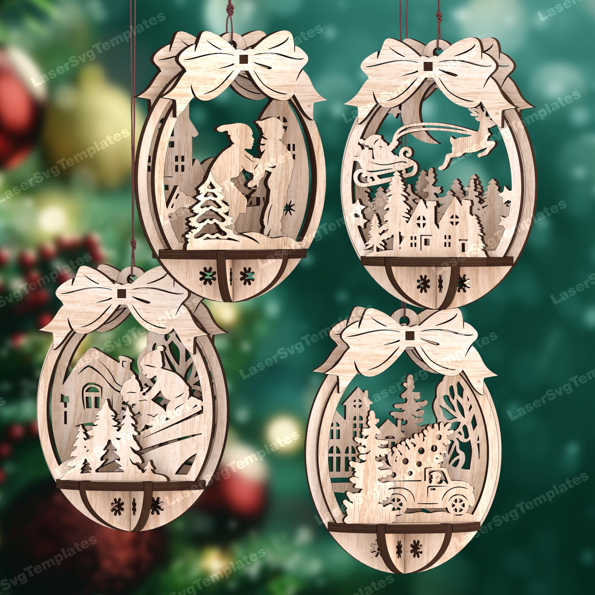 Palla di Natale 3D con 4 ornamenti tagliati al laser file svg Glowforge Pallina di Natale ornamenti per l'albero svg Ornamenti natalizi dxf Laser di N