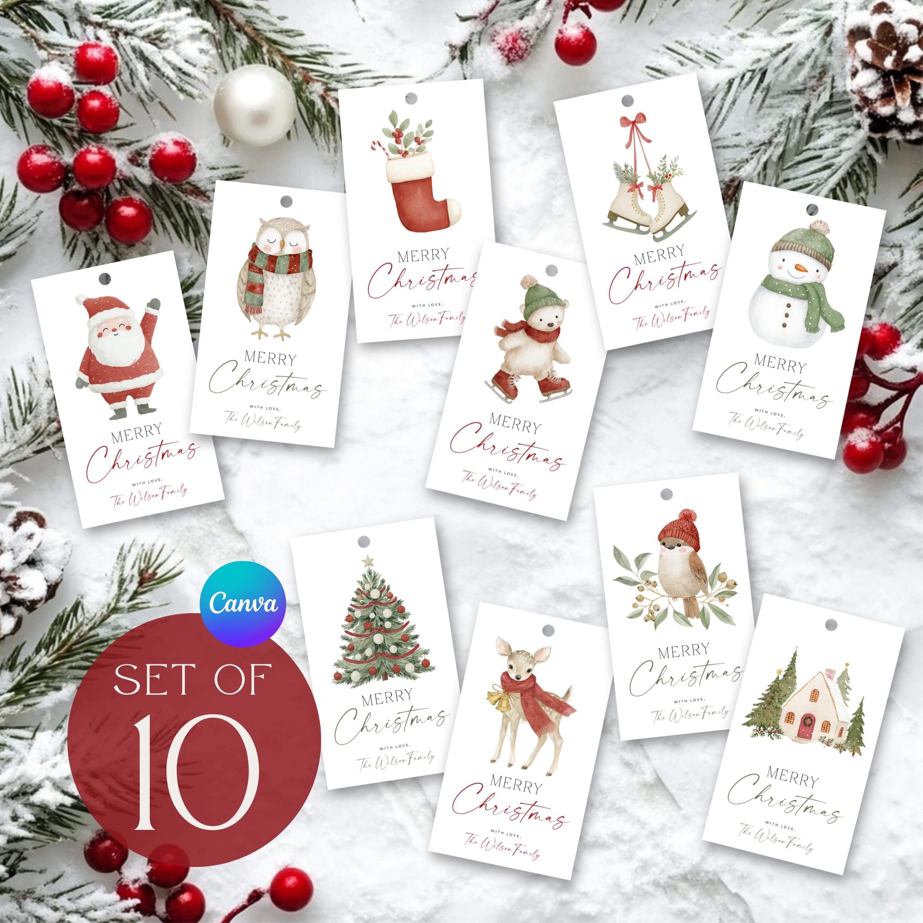 Etichette regalo di Natale, modello modificabile per etichette regalo di Buon Natale, etichette di Natale Canva, etichette classiche per bomboniere di