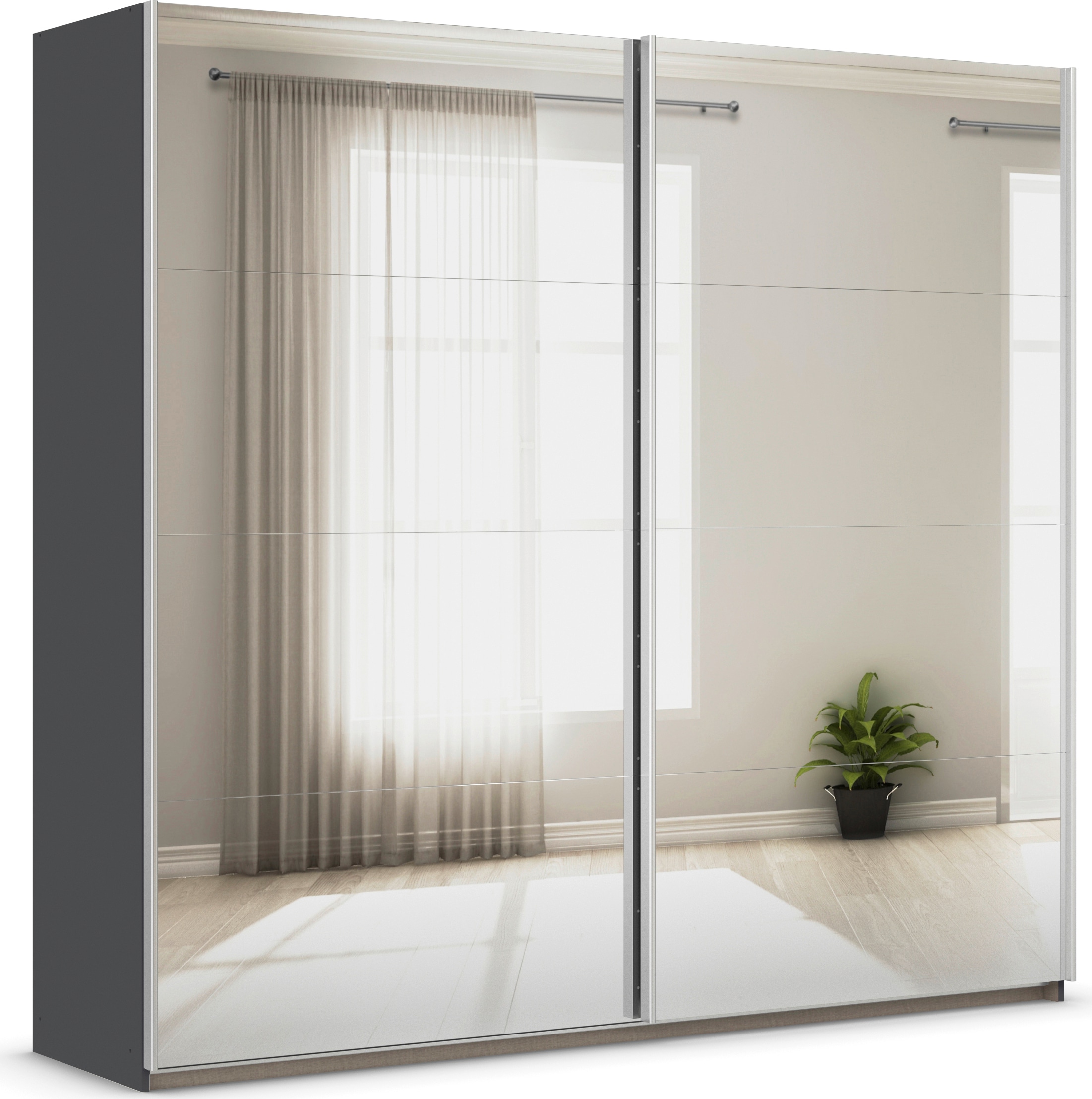 Kleiderschrank RAUCH "Schwebetürenschrank Schrank Garderobe Wäscheschrank ASTANA", graumetallic, B:218cm H:210cm T:59cm, Holzwerkstoff, Schränke, Kleiderschrank, großflächige Spiegelfront Metallgriffleisten alufarbig MADE IN GERMANY