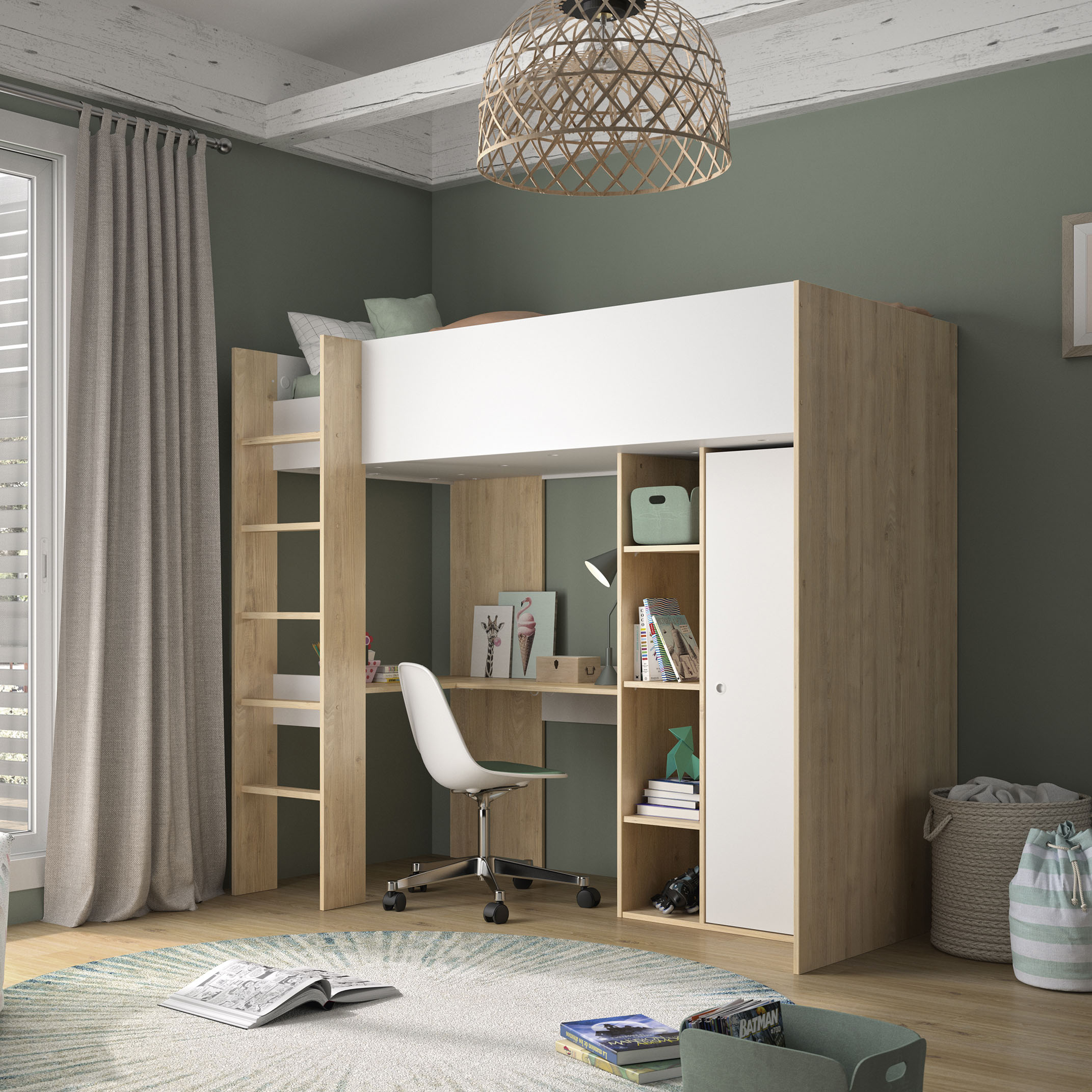 Hochbett GAMI "MATIS Hochbett", weiß, weiß, kastanie natur nachbildung, B:112cm H:182cm L:204cm, Hochbetten, Hochbett, Platzersparnis, super praktisch und funktional