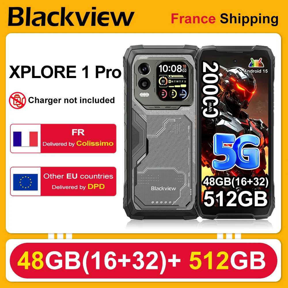 Blackview XPLORE 1 Pro [Sans chargeur UE] Smartphone robuste 48(16+32)Go+512Go 5G 6.78'' IPS 2.4K 20000mAh Android 15 NFC 64MP+50MP