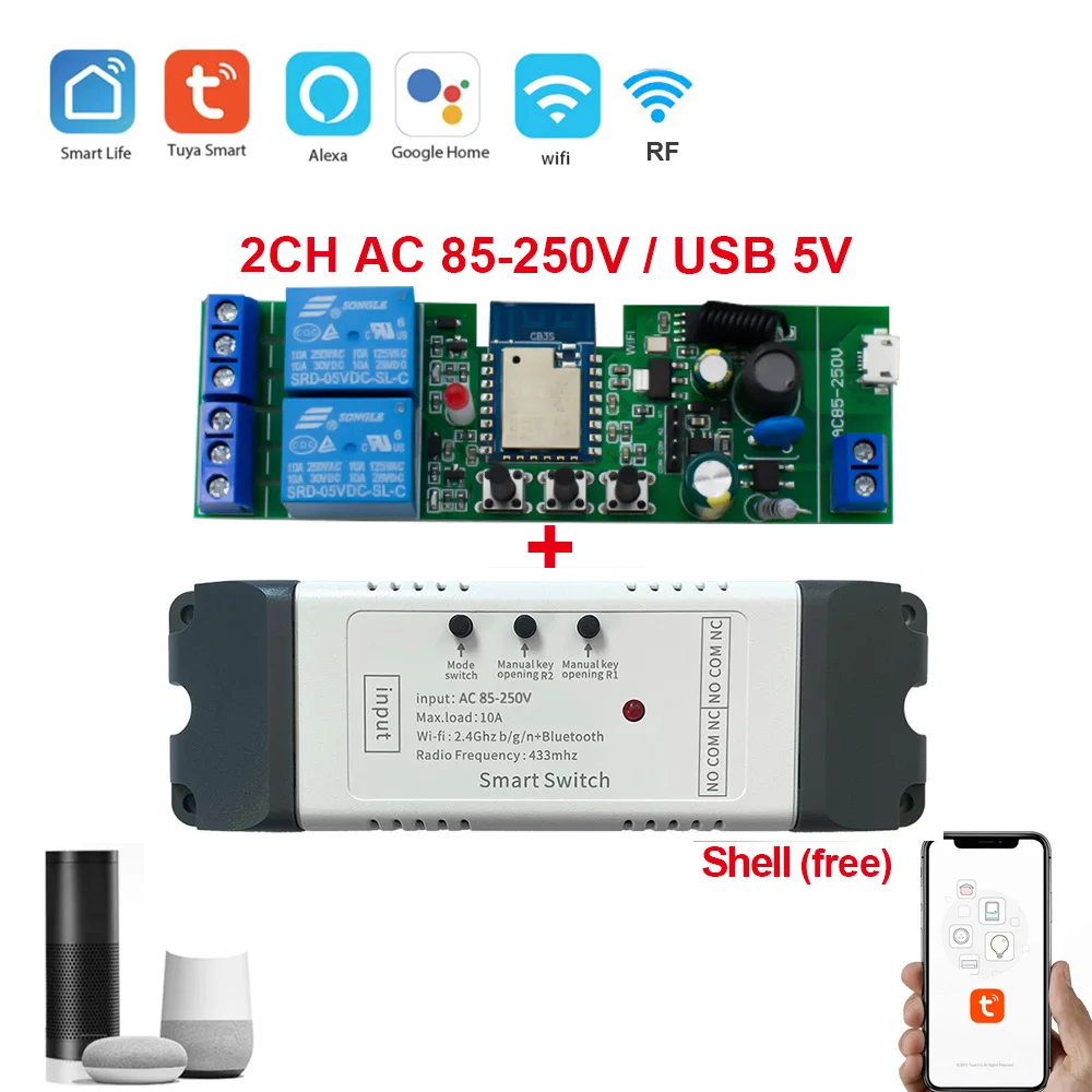 Alexa Smart Switch Tuya Smart Home 2 Kanäle Wifi Schalter 220 V 7-32 V 85-250 V 10A RF433 Fernbedienung 2CH Pulse Modul Relais Image