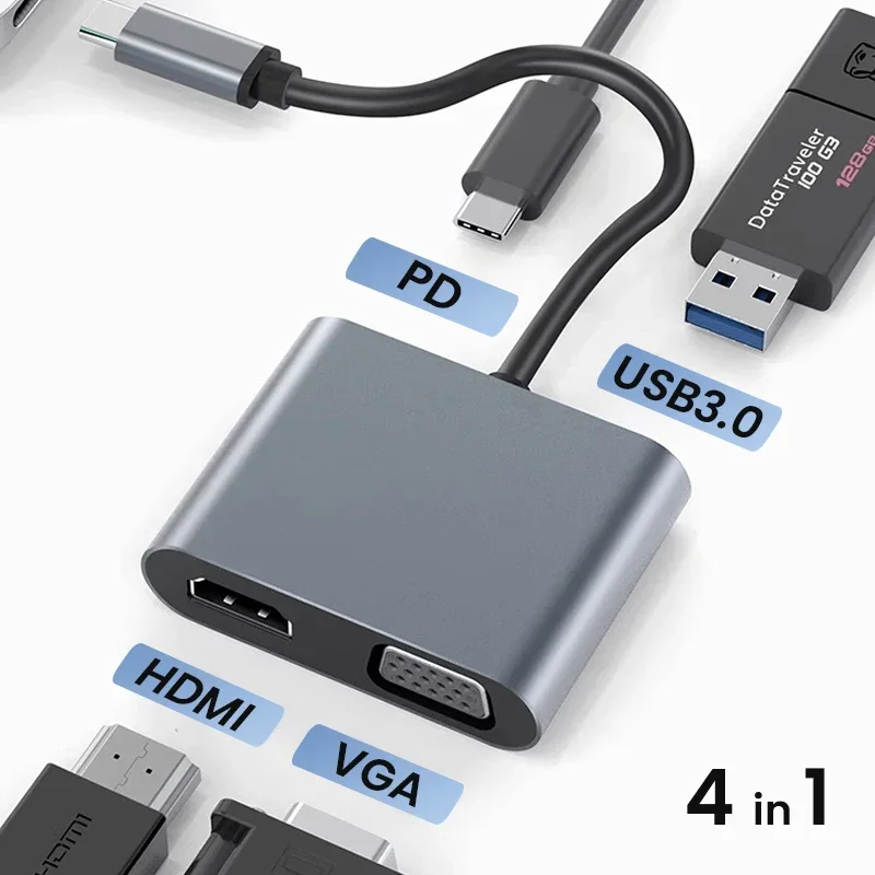 4K HDMI VGA-Adapter mit USB 3.0 und 60 W Stromversorgung, USB-C-Hub 4 in 1, Typ-C-Dongle für MacBook Pro Laptop Image