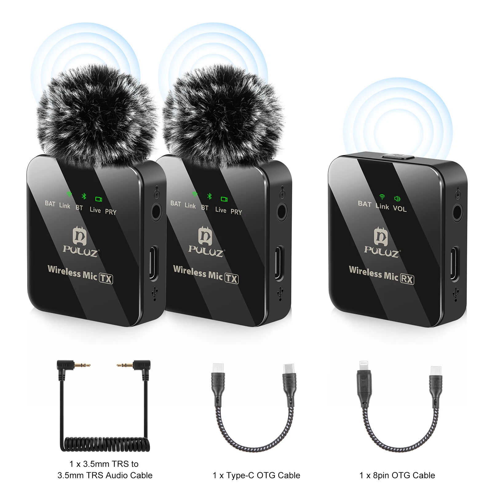 PULUZ 2 TX/1 TX + 1 RX Wireless Lavalier-Mikrofon, 3,5-mm-Schnittstellenempfänger und Mikrofon für iPhone, 3,5-mm-DSLR-Kamera Image