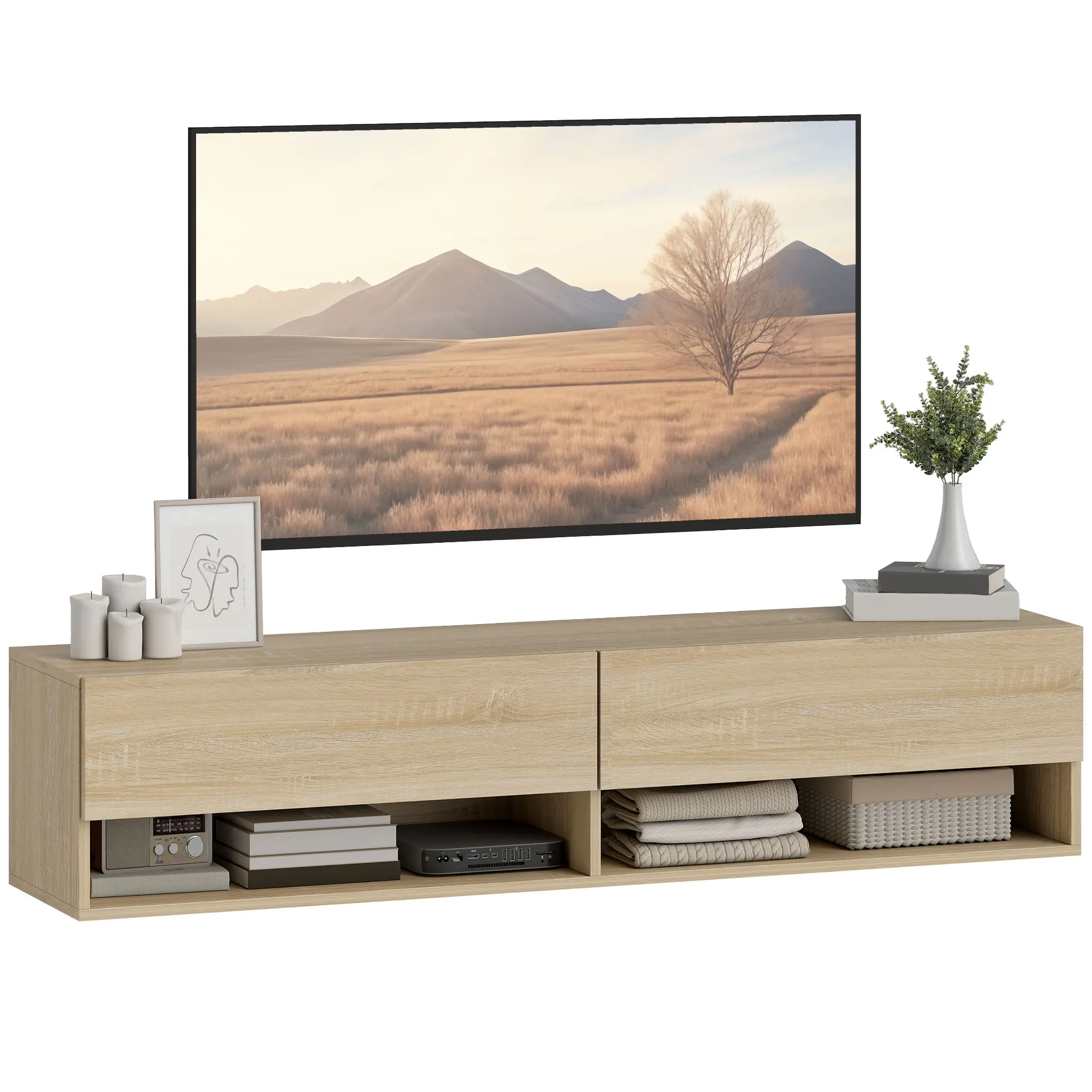 Homcom Meuble TV suspendu, meuble TV pour salon avec 2 tiroirs pliants, 2 étagères ouvertes, gestion des câbles, style moderne, pour télévision de 60 pouces, 140 x 32 x 31 cm, bois naturel