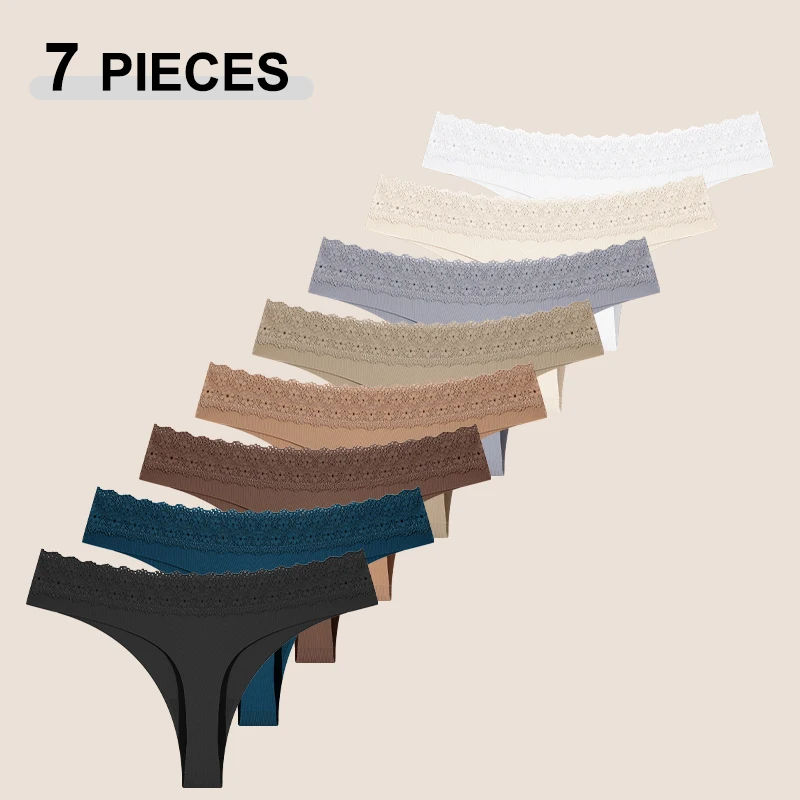 7PCS Spurlose Elastische G-String Höschen Sexy Spitze Trim Niedrige Taille Einfarbig T-Zurück Unterwäsche Atmungsaktive Bikini Unterhose XS-XL