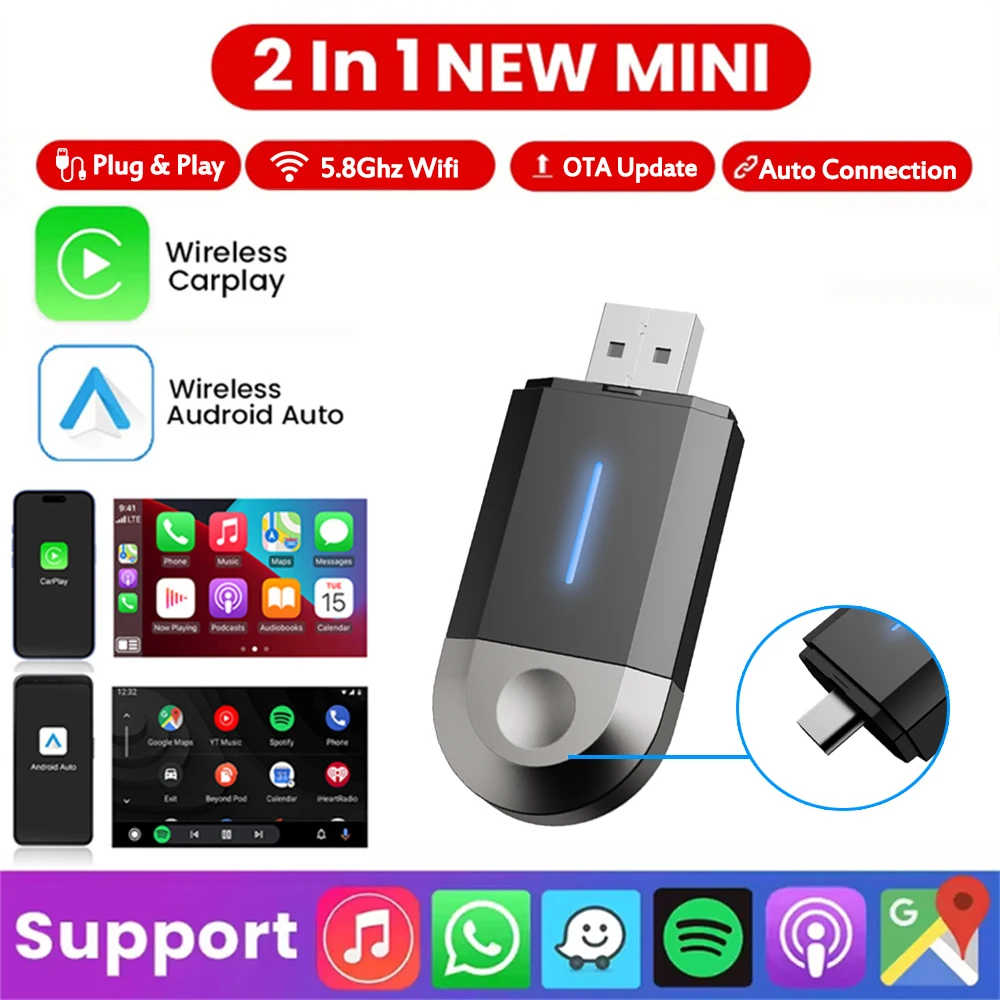 KEBIDUMEI Mini-Auto-AI-Box, 2-in-1, kabelloses CarPlay/Android Auto Box, 5 GHz, WiFi5, für OEM 99 % kabelgebundenes CarPlay/Auto-Navigationssystem Image
