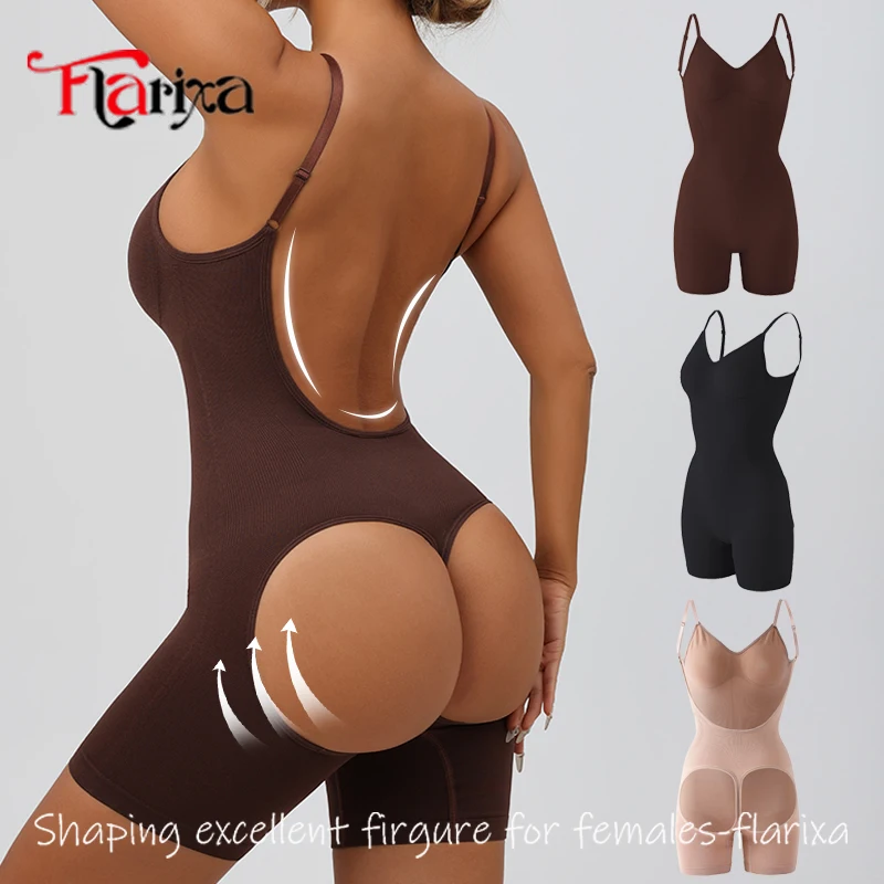 Flarixa Low Back Shapewear Damen Bauchkontrolle Bodysuit Shorts Nahtloses Gesäß Hollow Body Shaper Rückenfreie Jumpsuit Shorts Image
