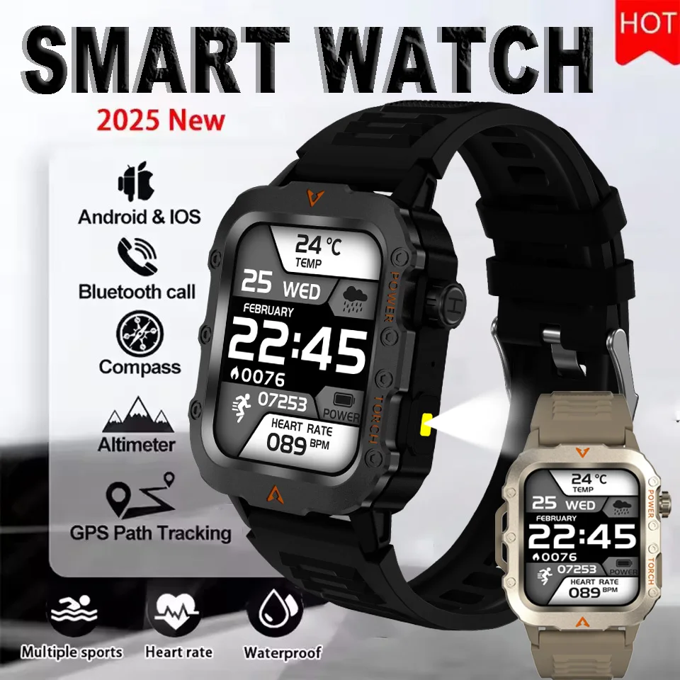 Im Freien Smart Watch Neue Männer Multi-Sport-Modus Fitness Uhr 1,73 Zoll Überwachung Herzfrequenz Druck Sauerstoff Taschenlampe SamrtWatch Image
