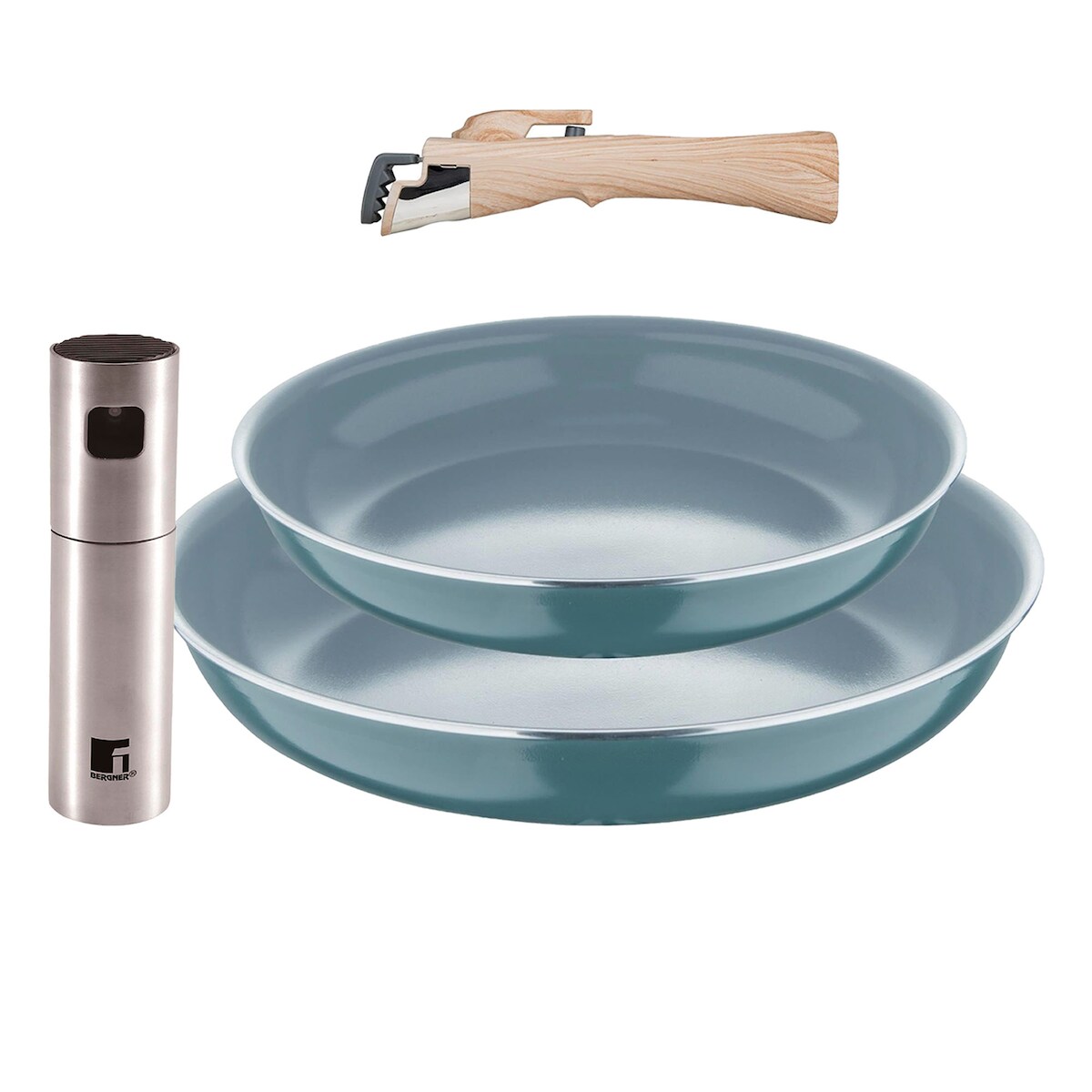BERGNER - Set 2 Pfannen Ø22/26cm gepresstes Aluminium Grün geeignet für Induktion mit abnehmbarem Griff mit Öl/Essig Sprühflasche Ø4x17,5cm Edelstahl Image