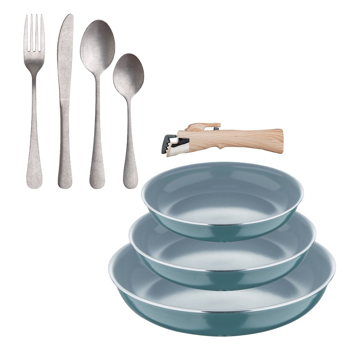 BERGNER - Set aus 3 Pfannen Ø18/20/24 cm recyceltes gepresstes Aluminium Grün mit abnehmbarem Griff mit Set aus 16 Besteckteilen Edelstahl Image
