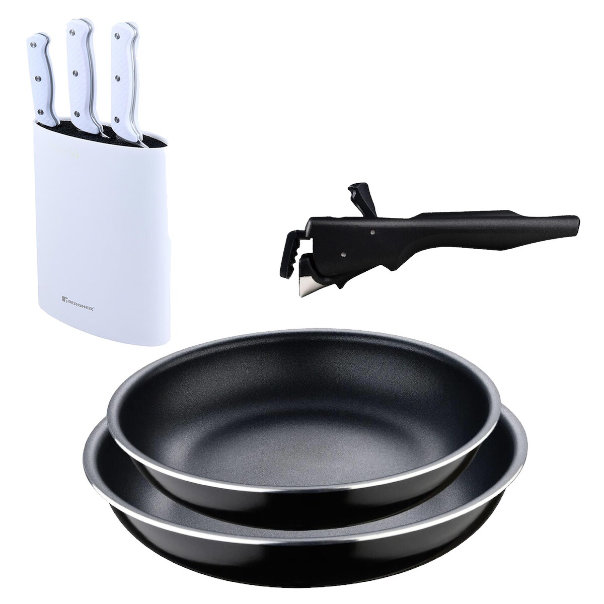 BERGNER - Set aus 2 Pfannen Ø22/26cm gepresstes Aluminium mit abnehmbarem Griff mit Set aus 3 Messern mit Tacoma Edelstahl Image