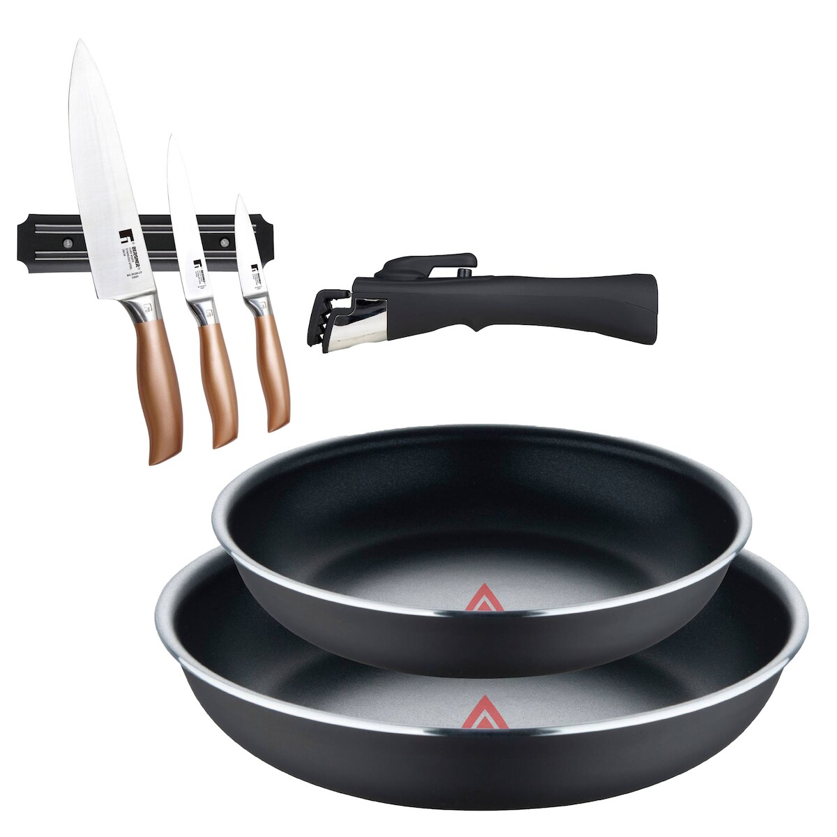 BERGNER - Set aus 2 Pfannen Ø22/26 cm gepresstes Aluminium Schwarz mit abnehmbarem Griff mit Set aus 3 Edelstahlmessern mit magnetischer Wandhalterung Image