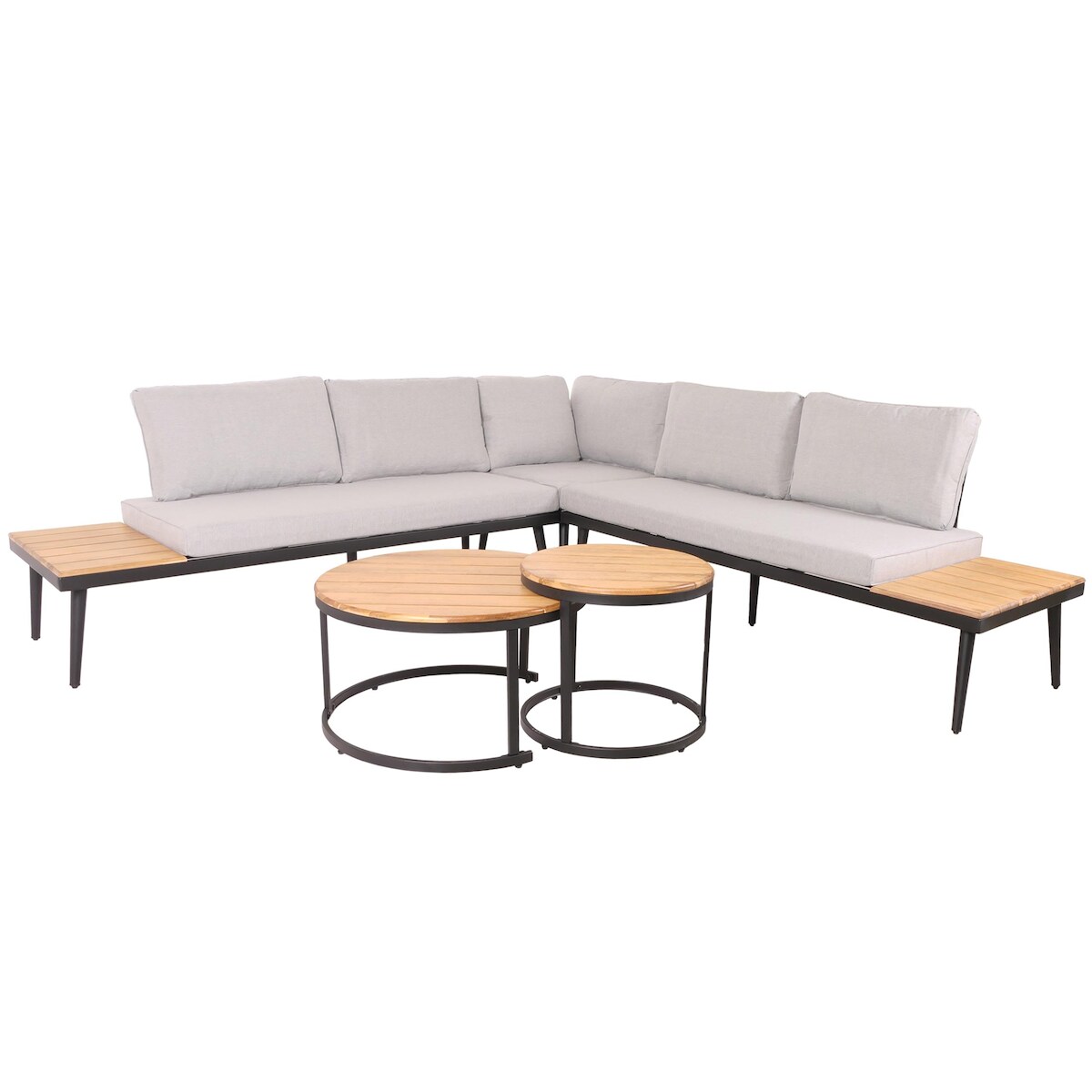 Mendler Garten-Garnitur HWC-H54c, Lounge-Set, Beistelltisch Spun Poly Akazie Holz Stahl ~ hellbraun, Kissen hellgrau Image