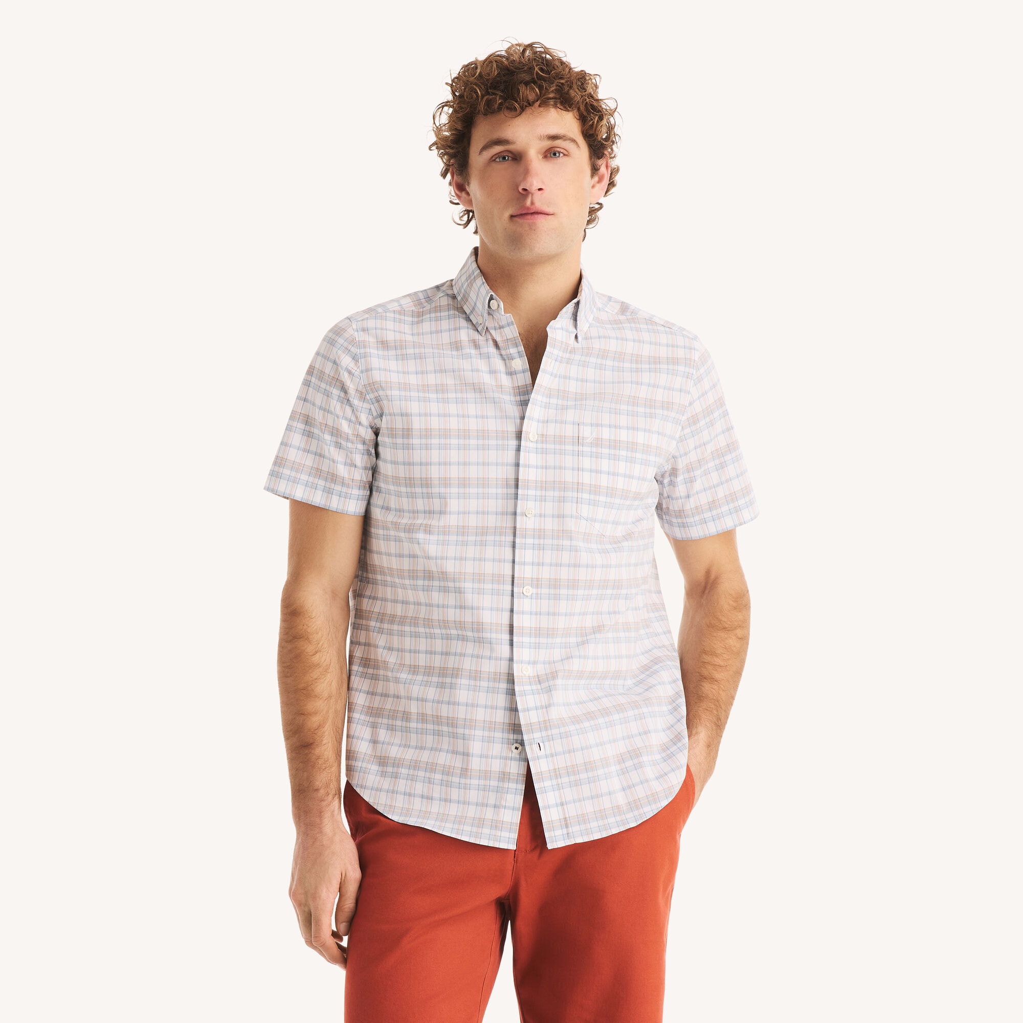 Nautica Men's Classic Fit Plaid Short-Sleeve Shirt 101 (Bright White), M