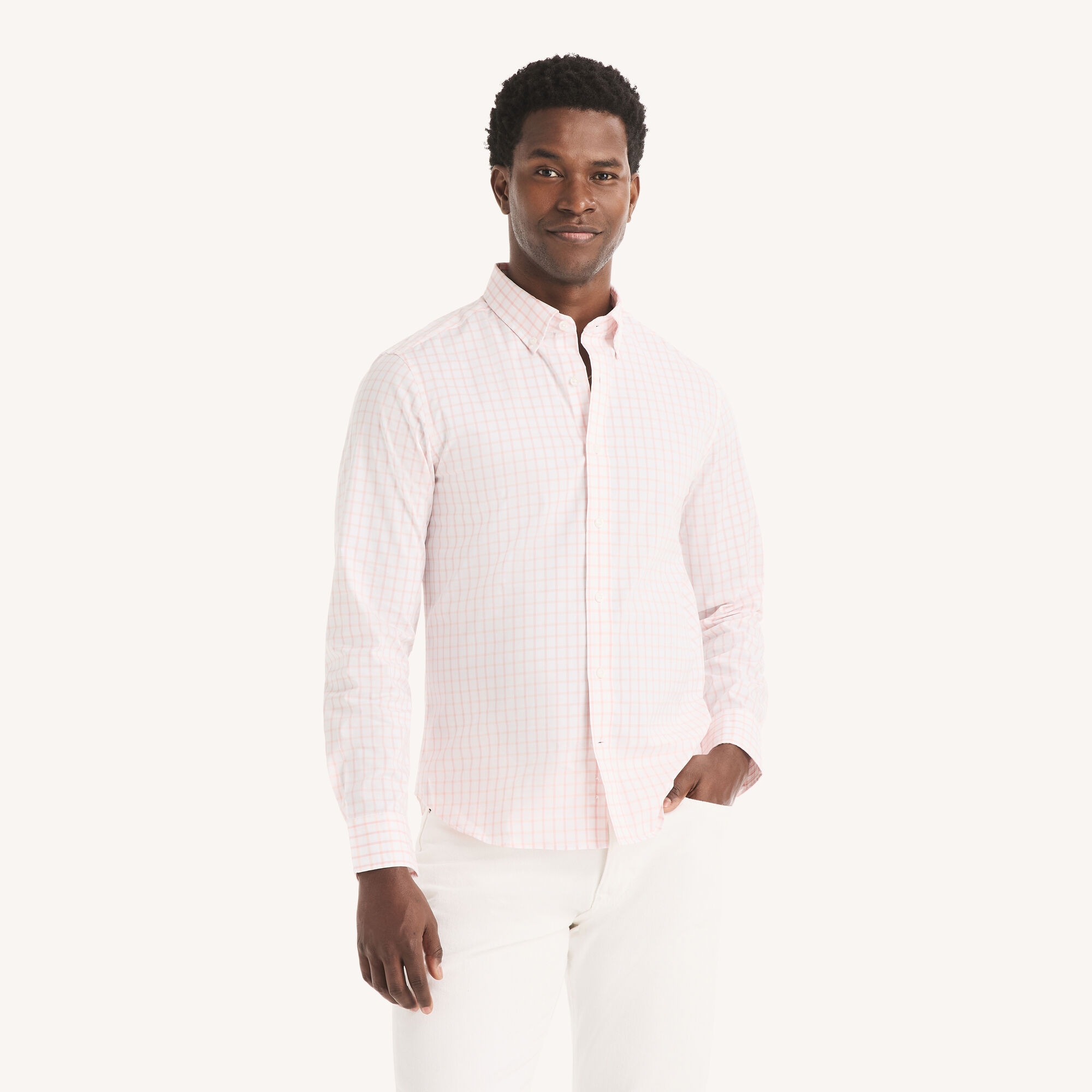 Nautica Men's Slim Fit Wrinkle-Resistant Plaid Shirt 661 (Cabana Pink), S