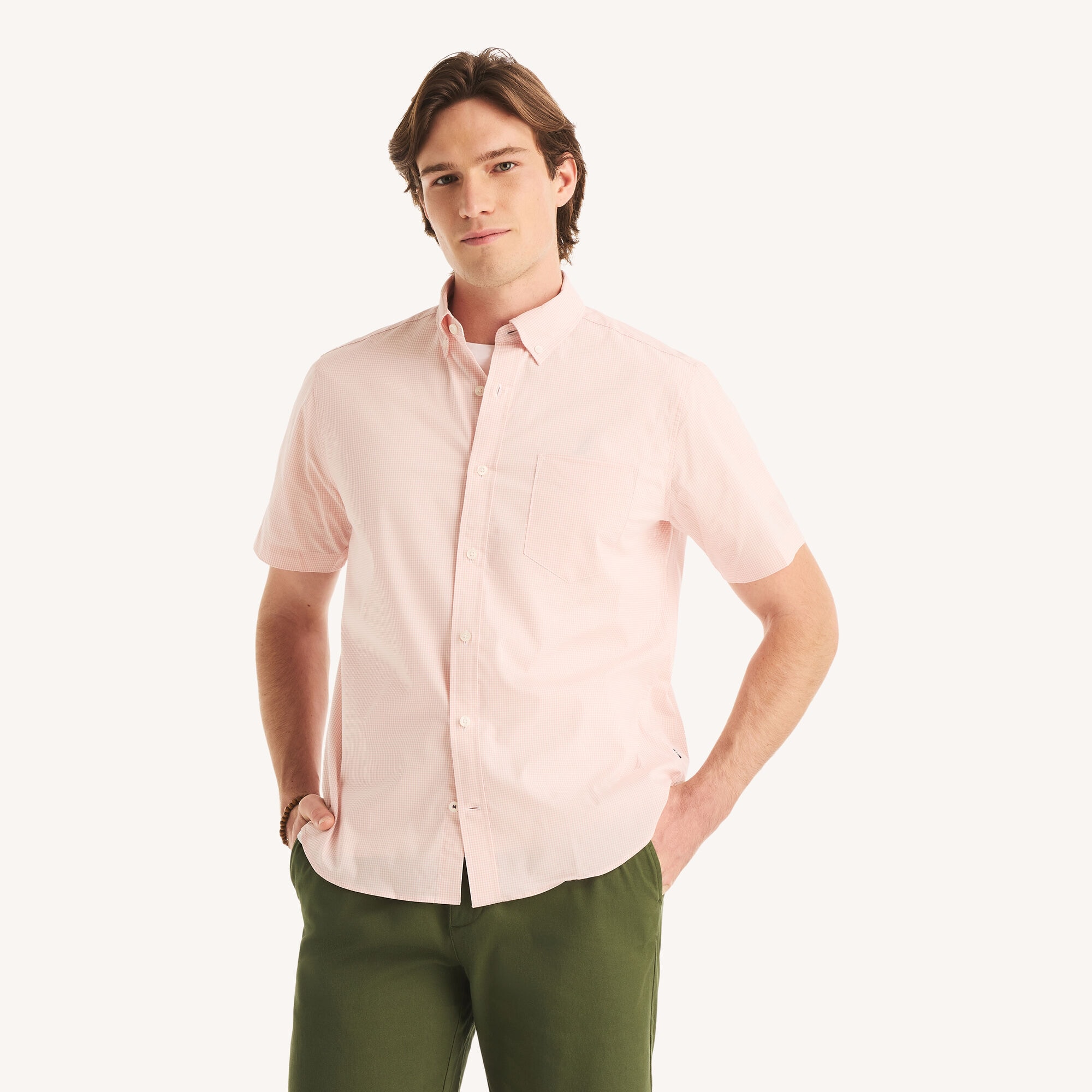 Nautica Men's Classic Fit Wrinkle-Resistant Plaid Short-Sleeve Shirt 661 (Cabana Pink), S