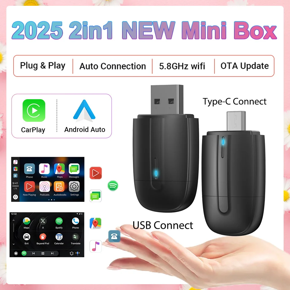 Drahtlose CarPlay Android Auto Smart Mini Box NEU USB Typ-C Plug&Play WiFi Fast Connect Kompatibel mit 98 % Autos Carplay Adapter Image