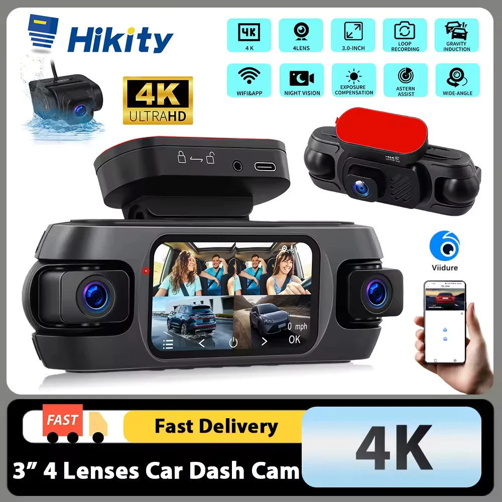 Hikity 3-Zoll 4K 360-Grad Auto-DVR Parküberwachung Fahrzeugrekorder G-Sensor Nachtsicht Schleifenaufnahme Dashcam WiFi APP Image