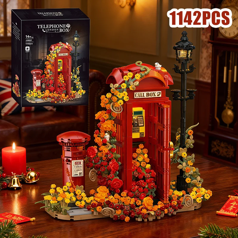 Creative Vintage Telephone Booth With Eternal Flower Building Blocks City Classic Call Box DIY Bricks Toys Girl Valentine Gift