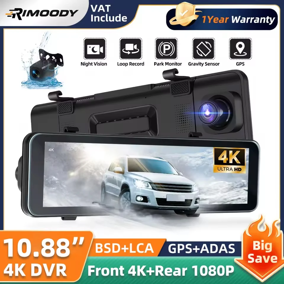Rimoody 10,88 "4K Auto Dual Objektiv WiFi HD rezension Spiegel Auto Recorder Mit P Hinten Parkplatz Unterstützung Monitor GPS BSD TF Karte Image