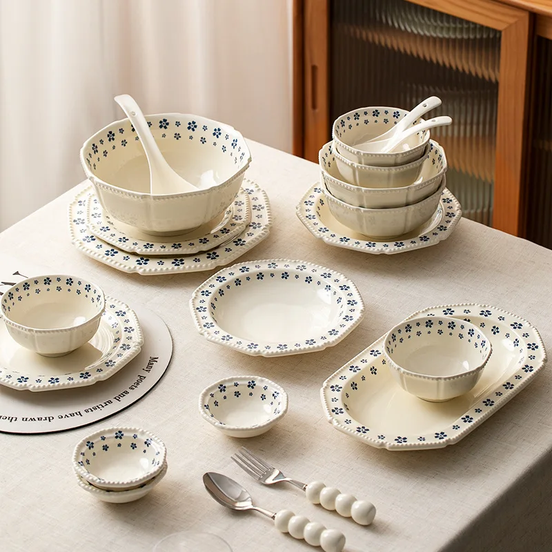 1PC Ceramic Tableware Retro Blue Cherry Blossom Household Rice Bowl Vegetable Plate Niche Bowl Set Cute Bowl